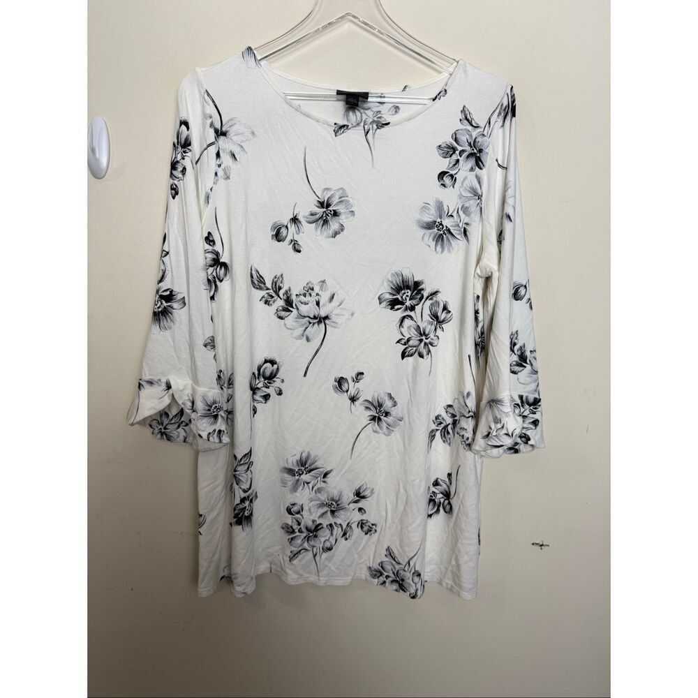 J Jill Wearever Collection White Black Floral 3/4 Sleeve Scalloped Top Size Larg